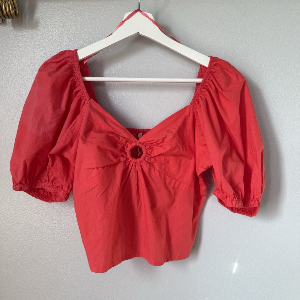Sim&Sam Bubble Sleeve Crop Top Smocked Back Ring Sweetheart Neckline Large Orang